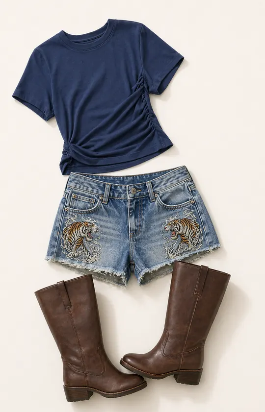 Tiger Shorts Tax Season festival outfit flatlay with Ed Hardy UO Exclusive Tiger Embroidered Denim Shorts, iets frans... Twist T-Shirt, Brown Knee High Leather Boots