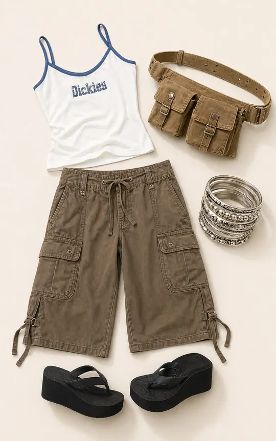 Utility Belt Side Quest festival outfit flatlay with Utility Canvas Belt Bag, Dickies White Vernal Cami, Diego Crop Cargo Trousers, Chunky Mix Bangle Pack, Black EVA Wedge Sandals