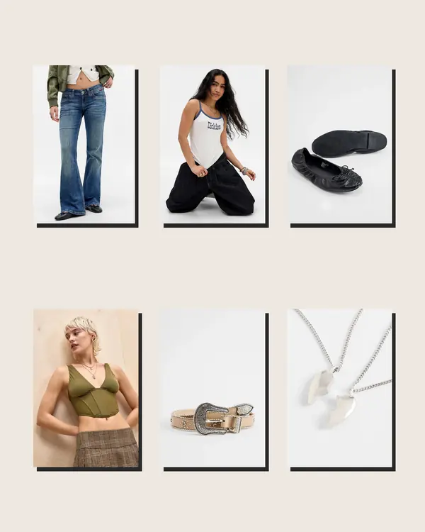 Bootcut Breakup Jeans going out outfit flatlay with BDG Miko Low Rise Skinny Bootcut Jeans, Dickies White Vernal Cami, UO Black Darcy Scrunch Ballet Flats, Out From Under Venus Corset Top
