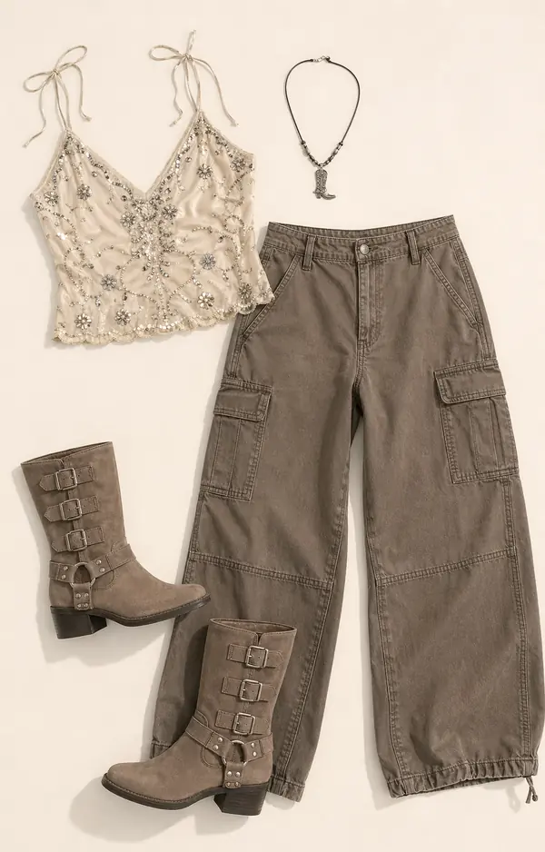 Camilla Cami Cowgirl Math going out outfit flatlay with Kimchi Blue Camilla Embellished Cami, BDG Taupe Tales Buckle Boots, Lucky Eleven Cowgirl Pendant Necklace, BDG Diego Crop Cargo Trousers