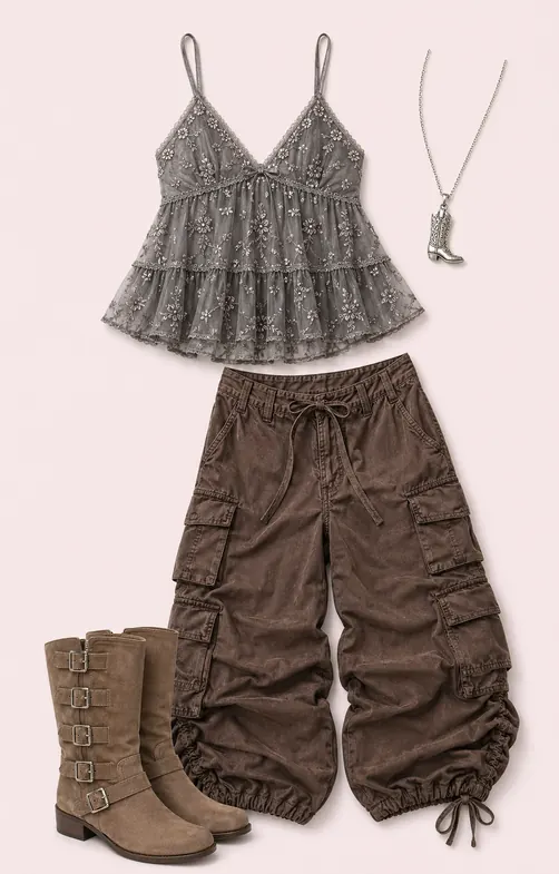 Camilla Cami Cowgirl Math going out outfit flatlay with Camilla Embellished Cami, Taupe Tales Buckle Boots, Lucky Eleven Cowgirl Pendant Necklace, Diego Crop Cargo Trousers