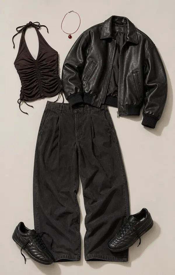 Conrad Bomber Taxi Line going out outfit flatlay with BDG Conrad Faux Leather Bomber Jacket, BDG Baggy Boi Trousers, Out From Under Hot Stuff Ruched Halter Top, Silence Noise Red Round Cord Pendant Necklace
