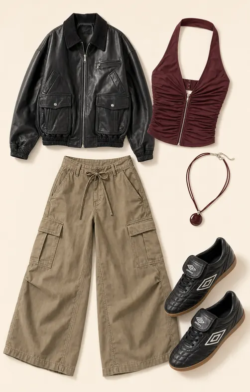 Conrad Bomber Taxi Line going out outfit flatlay with Conrad Faux Leather Bomber Jacket, Baggy Boi Trousers, Hot Stuff Ruched Halter Top, Red Round Cord Pendant Necklace, Umbro Black Speciali Leather Trainers
