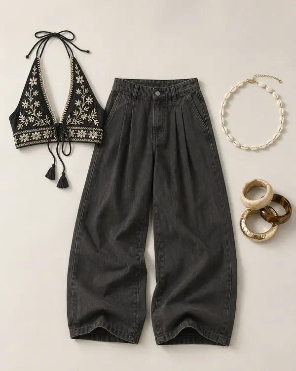 Cosmo Halter Last Call going out outfit flatlay with Motel Cosmo Embroidered Halter Top, BDG Baggy Boi Trousers, UO Chunky Mix Bangle Pack, Silence Noise Delicate Shell Choker Necklace