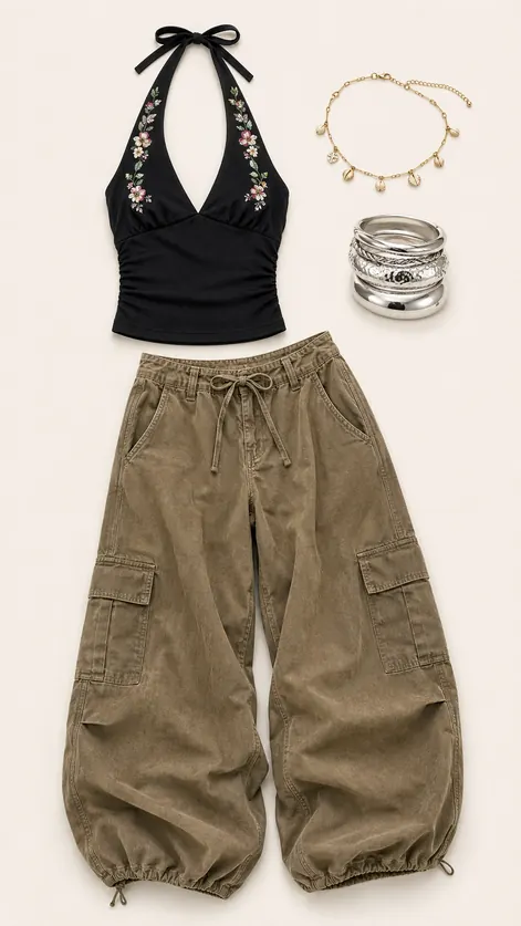 Cosmo Halter Last Call going out outfit flatlay with Motel Cosmo Embroidered Halter Top, Baggy Boi Trousers, Chunky Mix Bangle Pack, Delicate Shell Choker Necklace