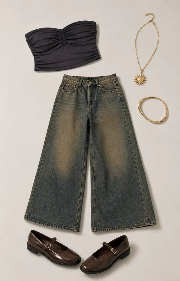 Danni Bandeau Late Fee going out outfit flatlay with BDG Danni Bandeau Top, Jaded London Ldn Xl Colossus Jeans2, Melissa June Mary Jane Shoes, Silence Noise Hammered Sun Pendant Necklace