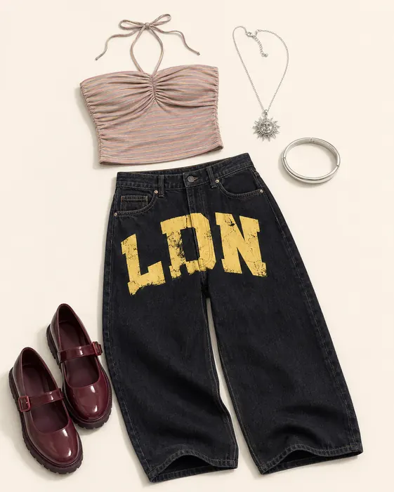 Danni Bandeau Late Fee going out outfit flatlay with Danni Bandeau Top, Jaded London LDN XL Colossus Jeans, Melissa June Mary Jane Shoes, Hammered Sun Pendant Necklace, Skinny Hinge Bangle