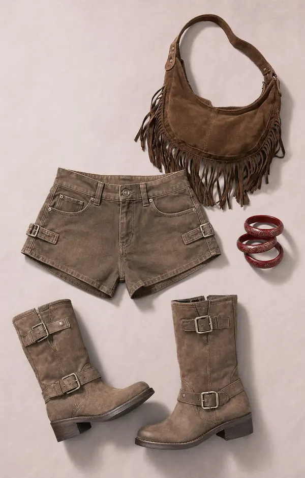 Fringe Bag Boot Patrol going out outfit flatlay with BDG Fringe Suedette Bag, BDG Taupe Tales Buckle Boots, BDG Piper Mini Shorts4, Silence Noise Red Etched Bangles Pack