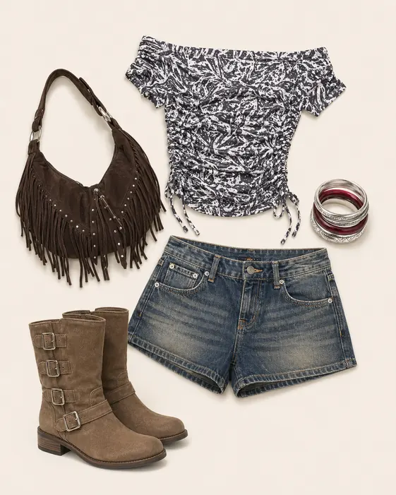 Fringe Bag Boot Patrol going out outfit flatlay with fringe bag, buckle boots, denim mini shorts, ruched off-shoulder t-shirt, and red bangles