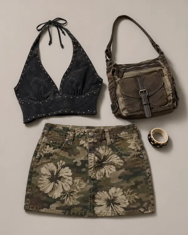 Hibiscus Camo Cover Story going out outfit flatlay with BDG Camouflage Hibiscus Mini Skirt, Kimchi Blue Mila Studded Halter Top, Silence Noise Enamel Bangle, BDG Mixed Media Canvas Shoulder Bag