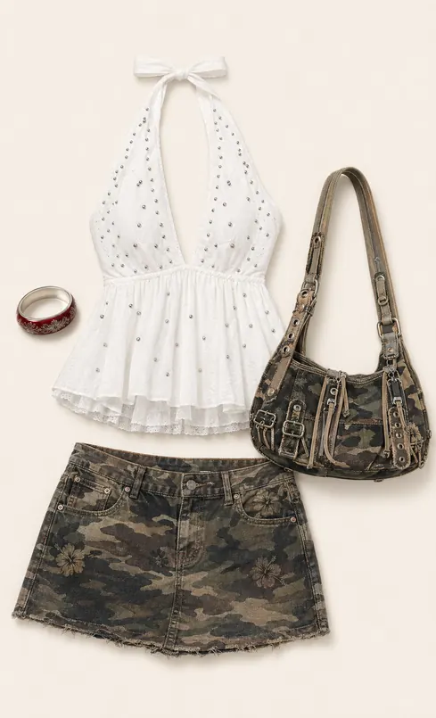 Hibiscus Camo Cover Story going out outfit flatlay with Camouflage Hibiscus Mini Skirt, Mila Studded Halter Top, Enamel Bangle, Mixed Media Canvas Shoulder Bag
