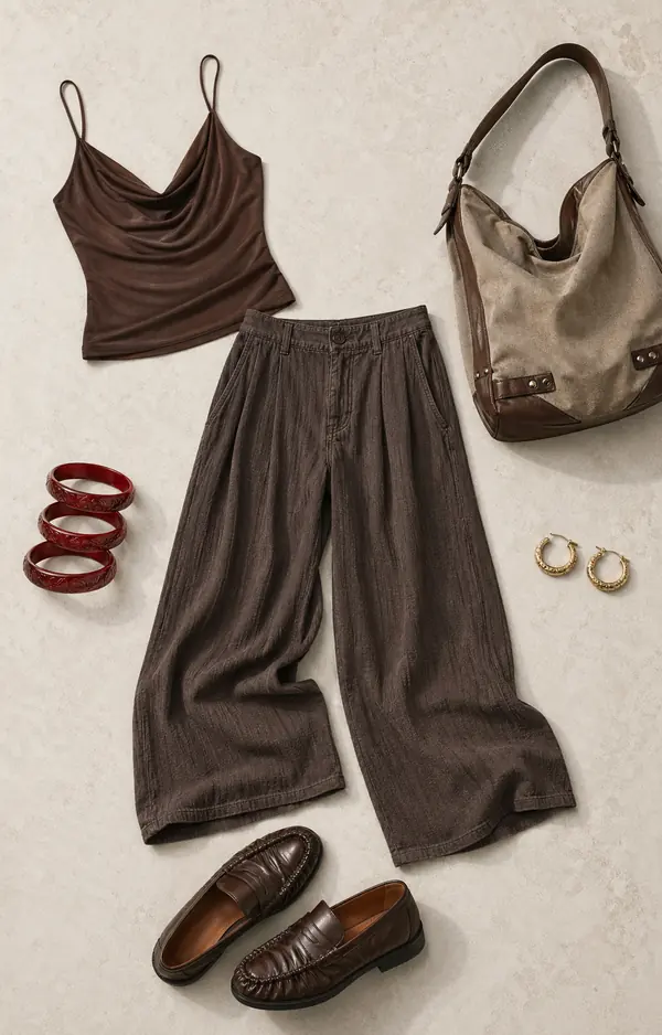 Katrina Cowl Snack Run going out outfit flatlay with UO Katrina Cowl Neck Cami, BDG Textured Baggy Boi Trousers, Silence Noise Red Etched Bangles Pack, BDG Mixed Media Canvas Shoulder Bag