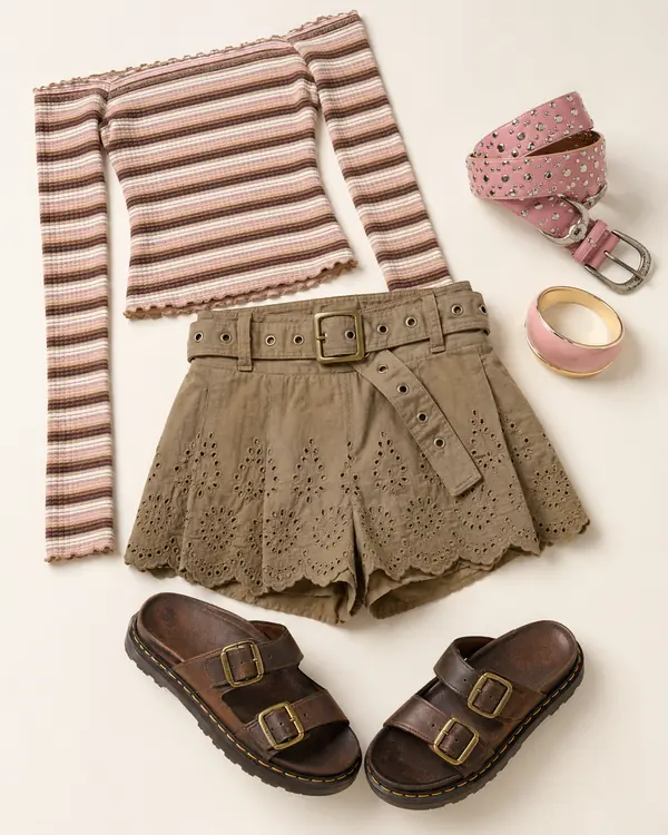 Maia Skort Side Eye going out outfit flatlay with BDG Maia Eyelet Belted Mini Skort, Dr Martens Brown Josef Slide Sandals, Silence Noise Enamel Bangle, Motel Hoang Stripe Off The Shoulder Long Sleeve Top
