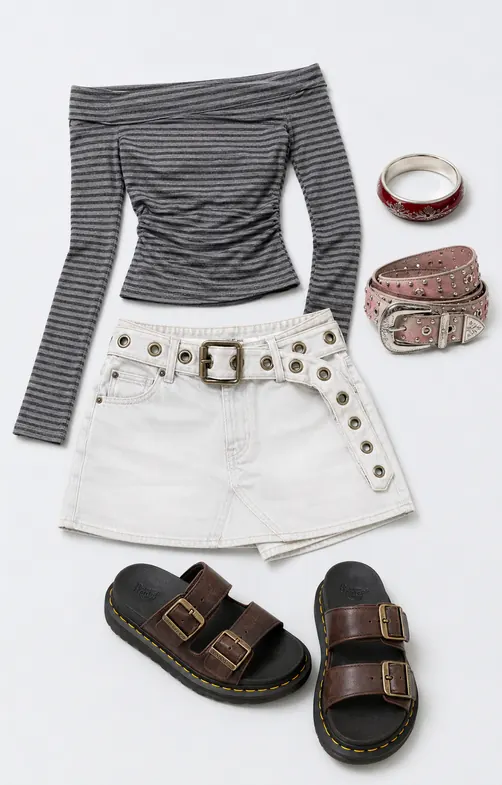 Maia Skort Side Eye going out outfit flatlay with Maia Eyelet Belted Mini Skort, Dr. Martens Brown Josef Slide Sandals, Enamel Bangle, Motel Hoang Stripe Off-The-Shoulder Long Sleeve Top, Pink Studded Faux Leather Belt