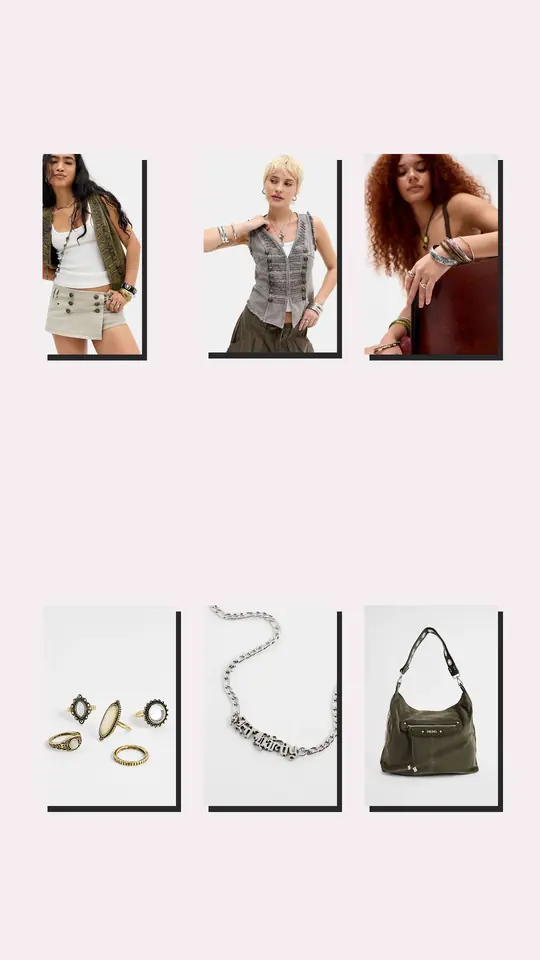 Melina Skort Group Chat going out outfit flatlay with BDG Melina Skort, Kimchi Blue Megan Military Top, Silence + Noise Floral Etched Bangle, Silence + Noise Ornate Gem Rings 5-Pack