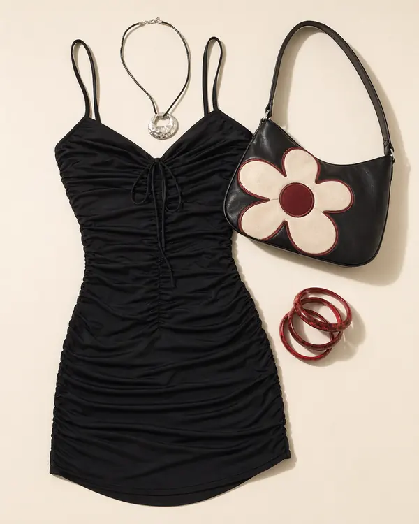 Oasis Dress Plus One going out outfit flatlay with Lioness Oasis Mini Dress, BDG Leya Flower Faux Leather Shoulder Bag, Silence Noise Hammered Silver Cord Necklace, Silence Noise Red Etched Bangles Pack