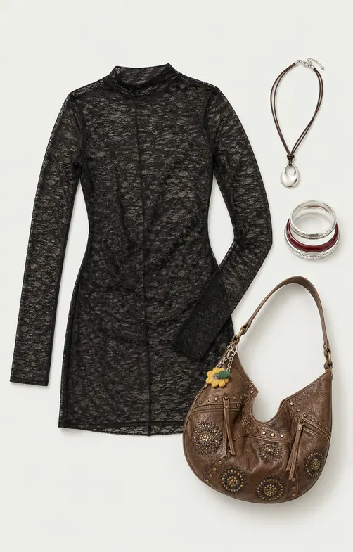 Oasis Dress Plus One going out outfit flatlay with Lioness Oasis Mini Dress, Leya Flower Faux Leather Shoulder Bag, Hammered Silver Cord Necklace, Red & Etched Bangles 3-Pack