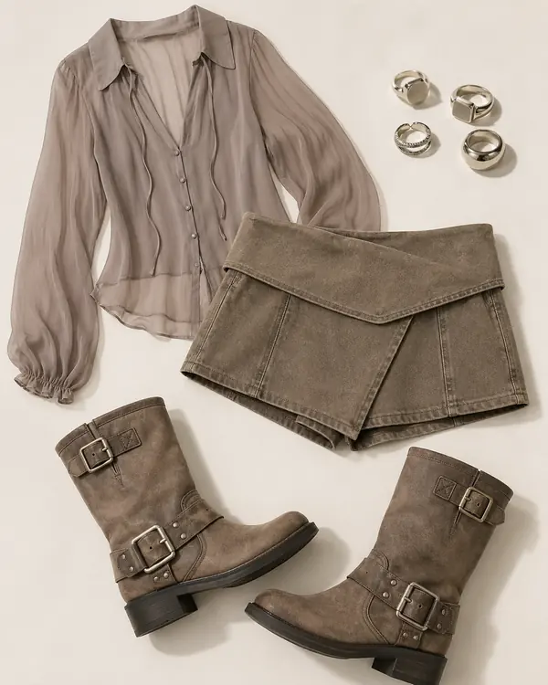 Robin Skort Plot Twist going out outfit flatlay with Kimchi Blue Robin Foldover Skort, Kimchi Blue Selena Longline Chiffon Blouse, BDG Taupe Tales Buckle Boots, Silence Noise Chunky Signet Rings Pack