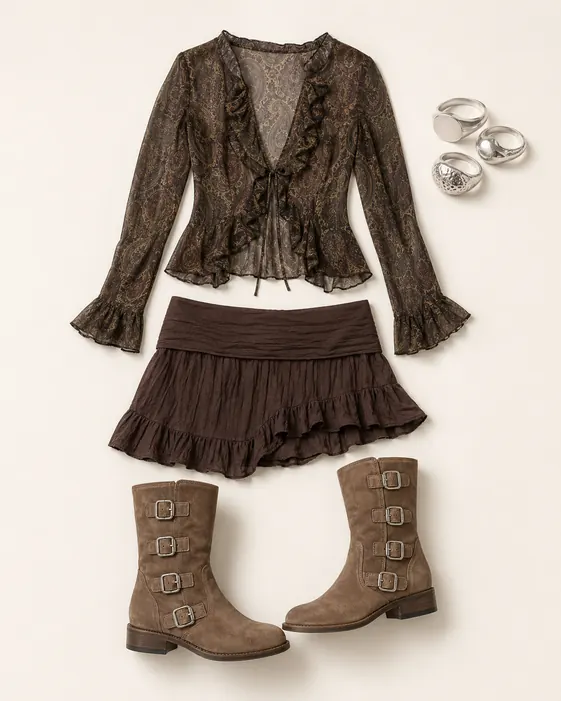 Robin Skort Plot Twist going out outfit flatlay with Robin Foldover Skort, Selena Longline Chiffon Blouse, Taupe Tales Buckle Boots, Chunky Signet Rings 3-Pack