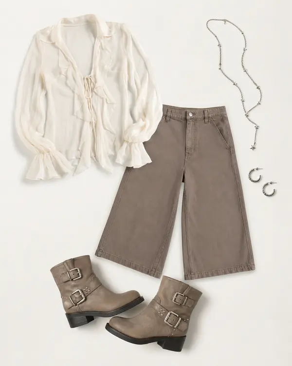 Selena Blouse Cloud Exit going out outfit flatlay with Kimchi Blue Selena Longline Chiffon Blouse, BDG Taupe Tales Buckle Boots, Silence Noise Star Layer Lariat Necklace, BDG Bobbi Extreme Cropped Trousers