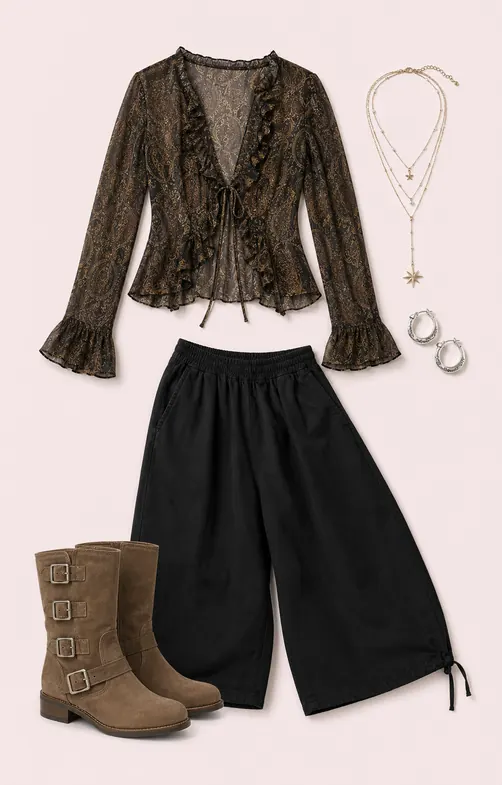 Selena Blouse Cloud Exit going out outfit flatlay with Selena Longline Chiffon Blouse, Taupe Tales Buckle Boots, Star 4-Layer Lariat Necklace, Bobbi Extreme Cropped Trousers, Etched Mini Hoop Earrings