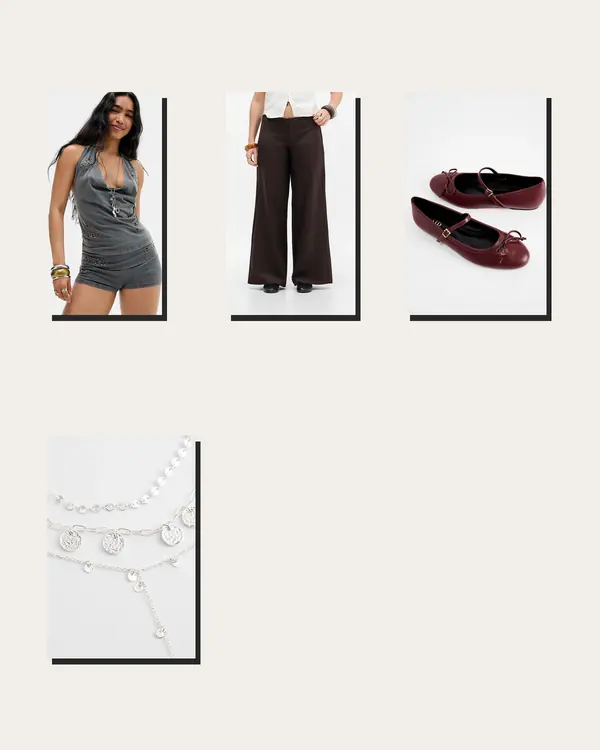 Studded Halter Door List going out outfit flatlay with UO Kira Studded Halter Top, UO Tally Low Rise Trousers, RAID Natalya Ballerina Shoes, Silence + Noise Triple Layer Circle Necklace