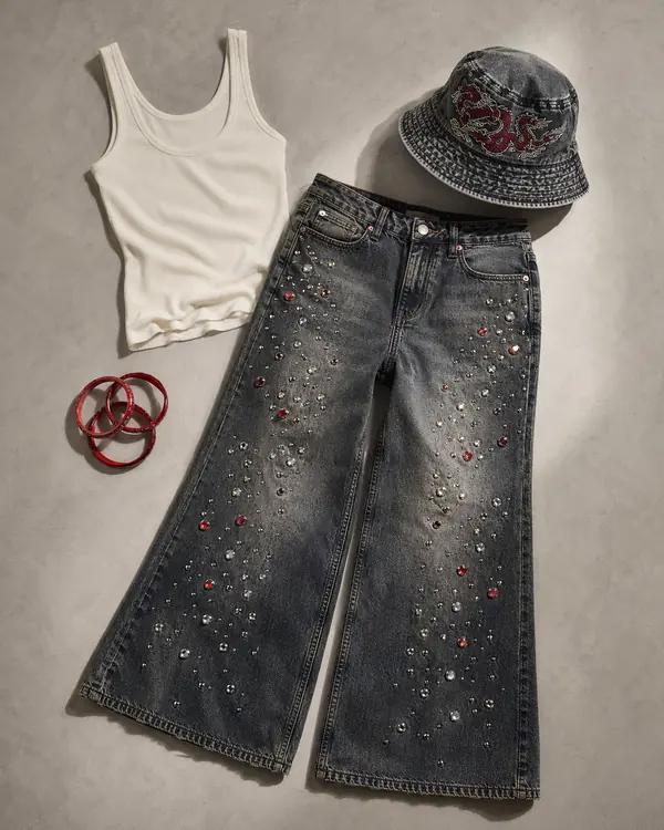 Trixa Jeans Main Character going out outfit flatlay with Jaded London Trixa Jewel Studded Colossus Jeans, Silence Noise Red Etched Bangles Pack, UO Amara Tank Top, Ed Hardy Acid Wash Crawling Dragon Bucket Hat
