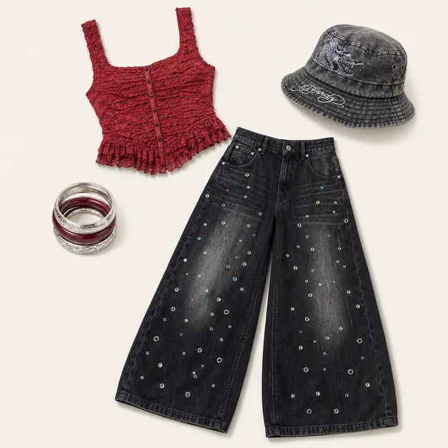 Trixa Jeans Main Character going out outfit flatlay with Jaded London Trixa Jewel Studded Colossus Jeans, Red & Etched Bangles 3-Pack, Amara Tank Top, Ed Hardy Acid Wash Crawling Dragon Bucket Hat