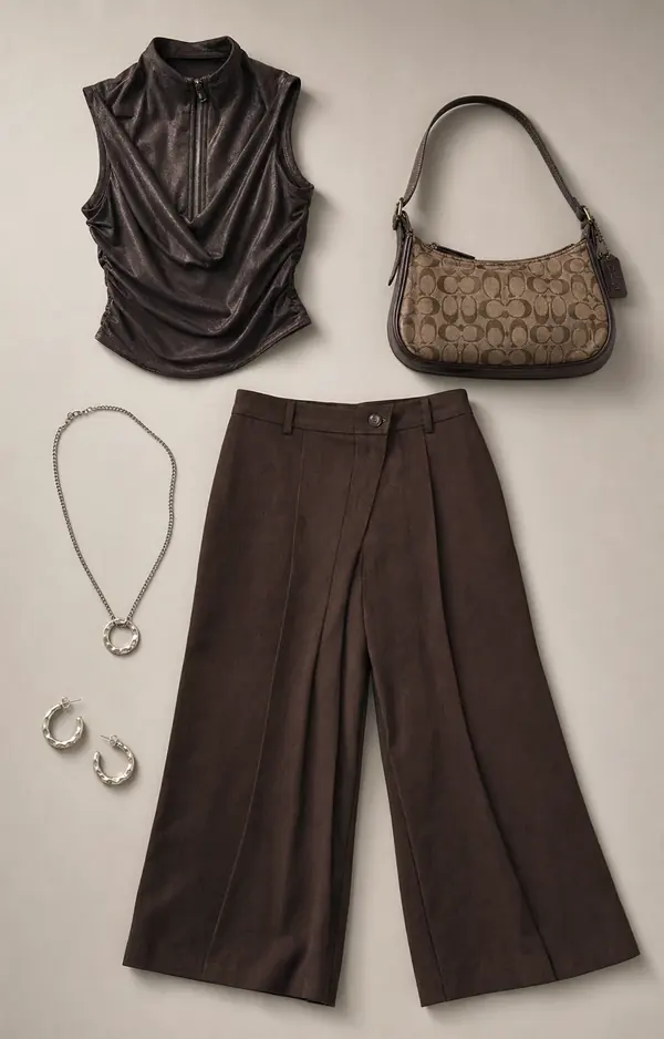 Vrax Cowl After Dark going out outfit flatlay with Jaded London Vrax Cowl Zipper Top, Silence Noise Etched Ring Pendant Necklace, Silence Noise Hammered Sun Hoop Earrings, Motel Amata Dark Brown Skirt Trouser