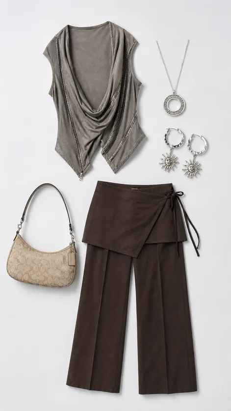 Vrax Cowl After Dark going out outfit flatlay with Jaded London Vrax Cowl Zipper Top, Etched Ring Pendant Necklace, Hammered Sun Hoop Earrings, Motel Amata Dark Brown Skirt Trouser, Urban Renewal One-Of-A-Kind Coach Mono