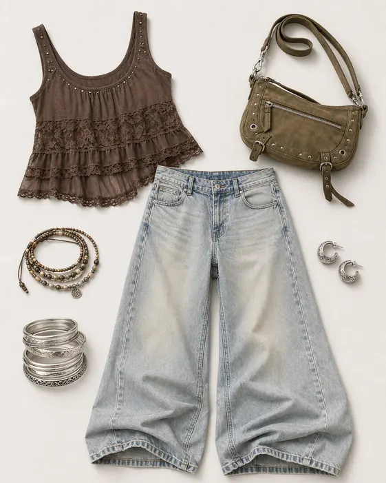 Wisteria Tank Exit Plan going out outfit flatlay with brown lace tank top, light baggy jeans, khaki studded crossbody bag, beaded choker, silver bangles, and mini hoop earrings