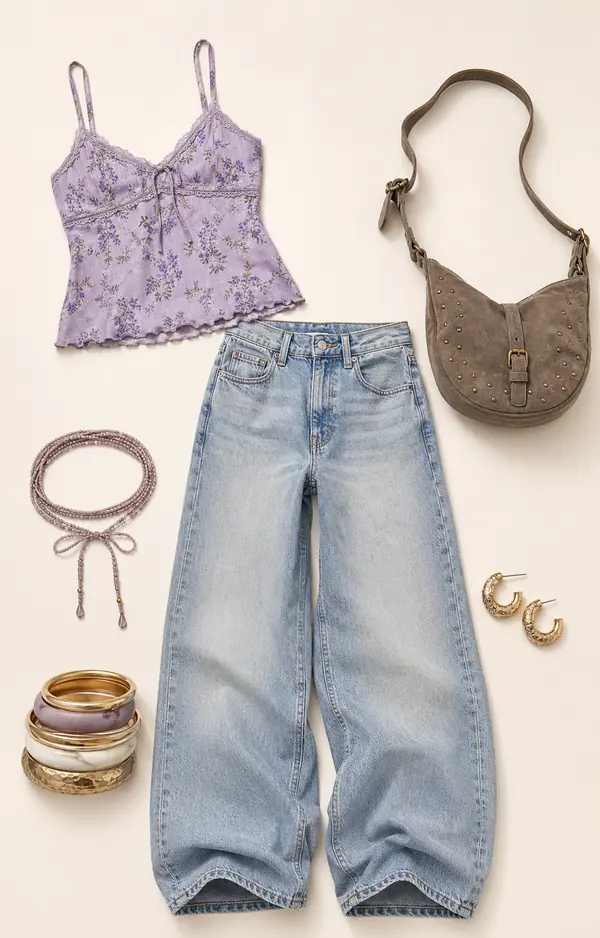 Wisteria Tank Exit Plan going out outfit flatlay with Kimchi Blue Wisteria Tank Top2, BDG Jaya Baggy Jeans, BDG Mina Studded Crossbody Bag, Silence Noise Tonal Beaded Wrap Choker