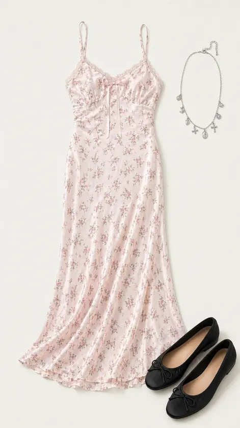 Bow At The Ceremony graduation outfit flatlay with Tied With A Bow Lace Ribbon Trim Satin Maxi Slip Dress, Lucy Satin Ballet Flats, Maria Rhinestone Cross Charm Necklace