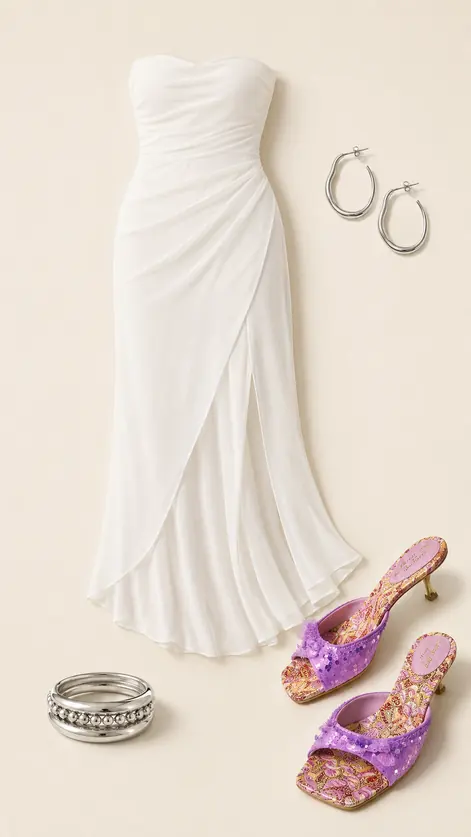 Cap Toss Sparkle Drift graduation outfit flatlay with Sky High Sheer Illusion Asymmetric Maxi Dress, Juliana Sequin Mule Heel, Irregular Hoop Earring, Venice Bangle Bracelets Set