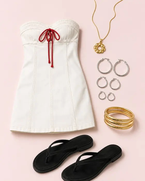 Denim Degree Detour graduation outfit flatlay with Surfs Up Lace-Up Strapless Denim Mini Dress, Sabrina Suede Thong Sandal, Milan Metal Pendant Necklace, Waterproof Thin Hoop Earring Set, Bold Metal Bangle Pack