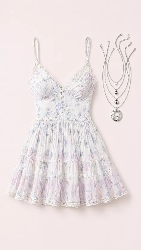 Fancy Name, Tiny Speech graduation outfit flatlay with Krista Lace Trim Fit-And-Flare Mini Dress, Milan Layering Necklace Stack