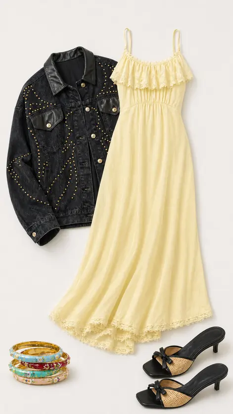 Flounce With A Jacket graduation outfit flatlay with Arlia Lace Trim Flounce Maxi Dress, Ricki Studded Faux Leather Trim Oversized Denim Jacket, Jane Enameled Floral Bangle Bracelet, Footwear Porter Kitten Heel Sandal