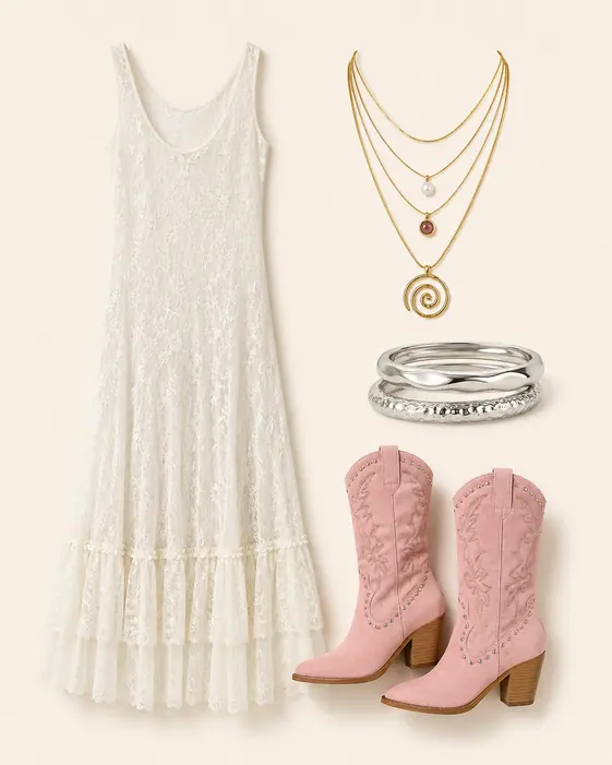 Ghost Gown Goes West graduation outfit flatlay with Like A Dream Sheer Lace Scoop Maxi Slip Dress, Beckett Studded Suede Cowboy Boots, Saturn Swirl Layering Necklace Stack, Venice Bangle Bracelets Set