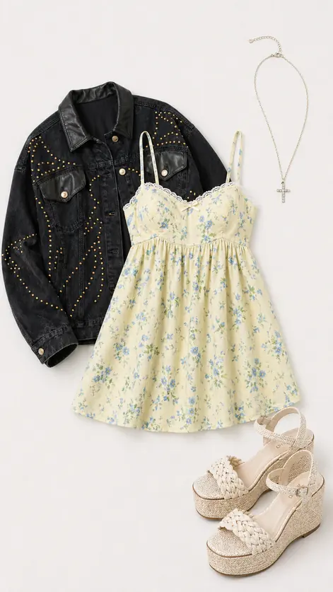 Lace And Late Homework graduation outfit flatlay with Lucky In Lace Tie-Back Babydoll Mini Dress, Ricki Studded Faux Leather Trim Oversized Denim Jacket, Like A Prayer Rhinestone Cross Necklace, Jackie Platform Wedge San