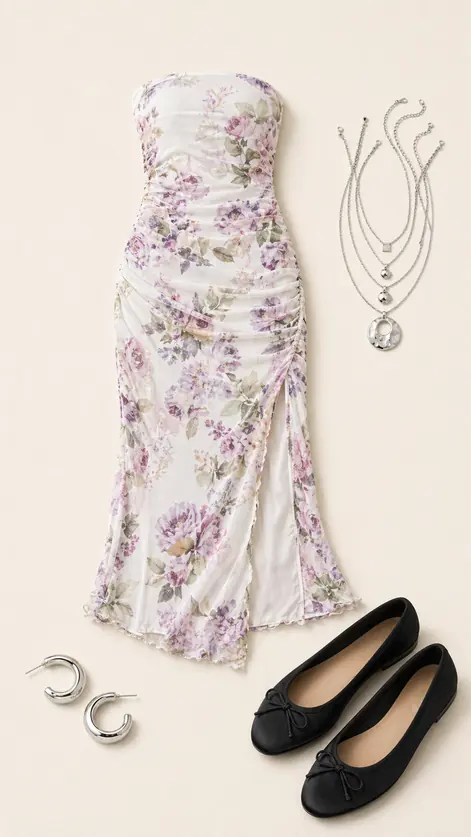 Mesh Major, Flats Minor graduation outfit flatlay with Samara Mesh Strapless Midi Dress, Lucy Satin Ballet Flats, Milan Layering Necklace Stack, Clean Chunky Tube Hoop Earring