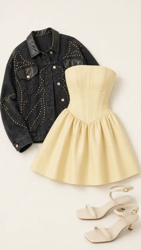 Pink Corset Recess graduation outfit flatlay with Sugar Plum Strapless Corset Mini Dress, Ricki Studded Faux Leather Trim Oversized Denim Jacket, Footwear Breeze Heel Sandal