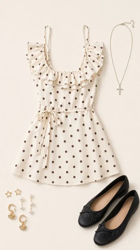 Polka Dot Plot Twist graduation outfit flatlay with Sonia Ruffle Polka Dot Mini Dress, Lucy Satin Ballet Flats, Like A Prayer Rhinestone Cross Necklace, Pearls And Stars Earring Set
