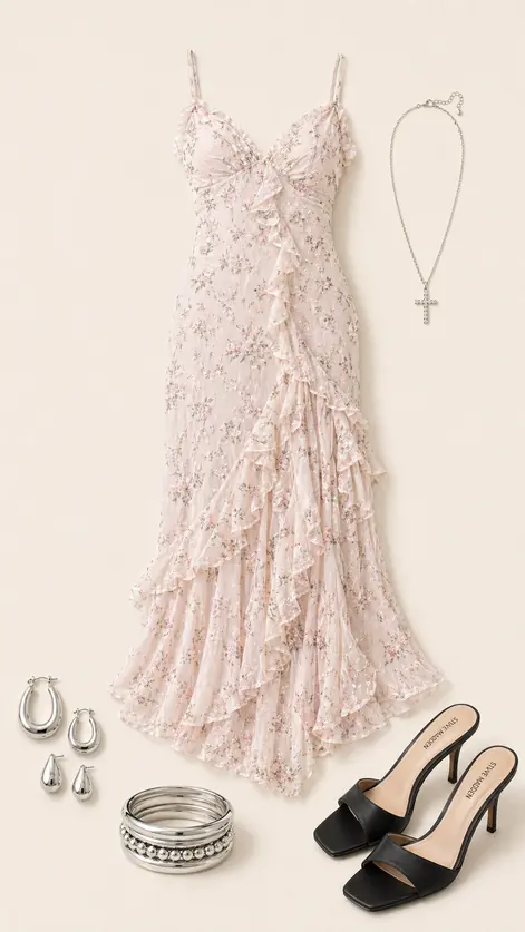 Ruffle Dinner Roll Call graduation outfit flatlay with Bryson Embroidered Floral Asymmetric Ruffle Maxi Dress, Kendrix High Heel Mules, Like A Prayer Rhinestone Cross Necklace, Oblong Chubby Hoop Earrings Set, Venice Ban