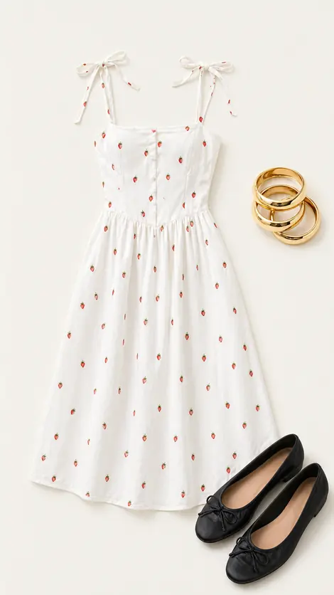 Strawberry Campus Walk graduation outfit flatlay with Strawberry Kiss Tie-Strap Midi Dress, Lucy Satin Ballet Flats, Bold Metal Bangle Pack