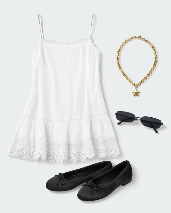 Tiny Diploma Cloud graduation outfit flatlay with Up In The Air Tiered Lace Mini Slip Dress, Lucy Satin Ballet Flats, Waterproof Puffy Star Charm Necklace, Clean Metal Rectangle Sunglasses