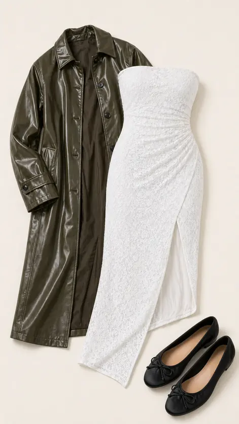 Trench Coat Valedictorian graduation outfit flatlay with Samara Stretch Lace Strapless Midi Dress, Tori Coated Faux Leather Trench Coat, Lucy Satin Ballet Flats