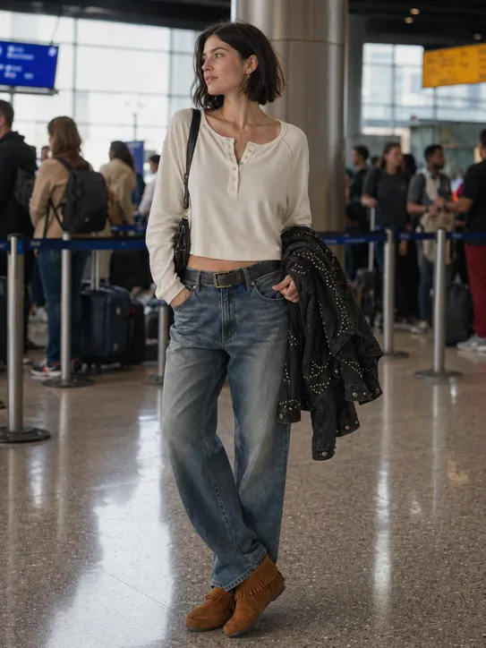 Henley Road Trip Witness travel outfit featuring a henley and denim jacket