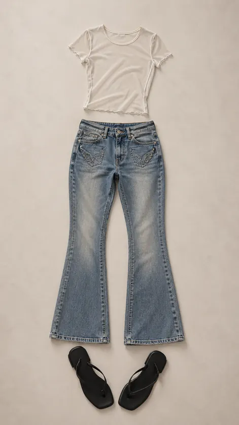 Back-Pocket Lightstick K-pop outfit flatlay with Brooke Embellished Back Pocket Low-Rise Flare Jean, Rea Short Sleeve Sheer Mesh Baby Tee, Izzy Thong Sandal
