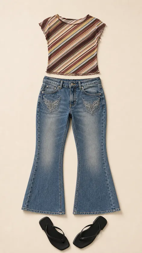 Back-Pocket Lightstick K-pop outfit flatlay with Brooke Embellished Back Pocket Low-Rise Flare Jean, Rea Short Sleeve Sheer Mesh Baby Tee, Izzy Thong Sandal