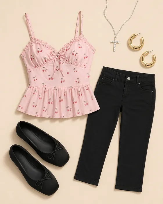 Cherry Peplum Fan Chant K-pop outfit flatlay with Good Luck Cherry Land Peplum Cami, Bliss Mid-Rise Capri Pant, Lucy Satin Ballet Flats, Like A Prayer Rhinestone Cross Necklace, Clean Medium Tube Hoop Earring